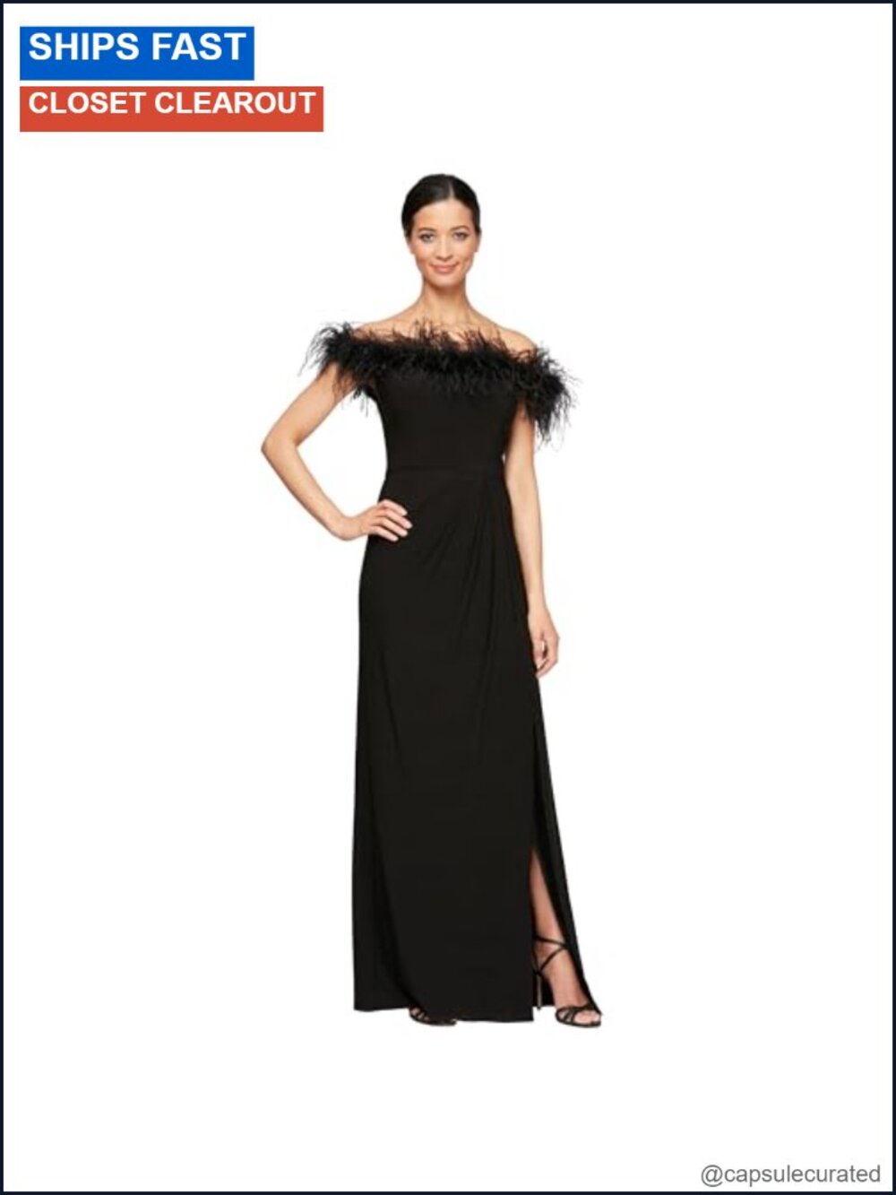 Off Shoulder Long Gown with Front Slit & Maribou Detail Neckline